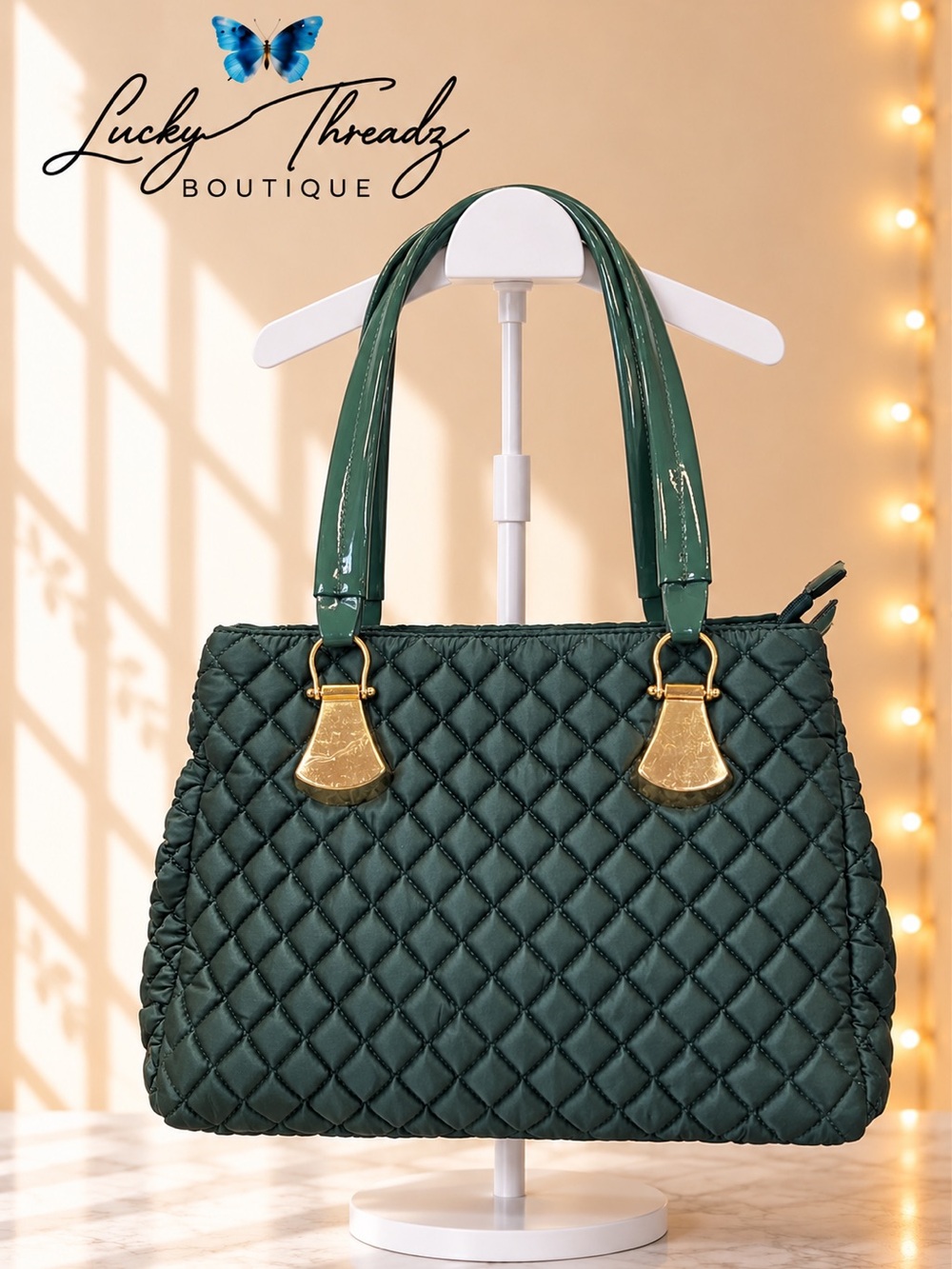 Forest Green Quilted Tote Bag Patent Glossy Handles Gold Hardware NWOT